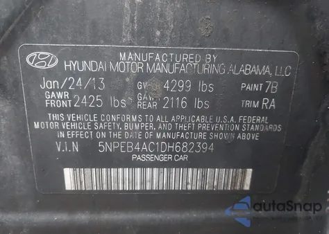 2013 Hyundai Sonata Gls z USA, uszkodzony, nr VIN 5NPEB4AC1DH682394